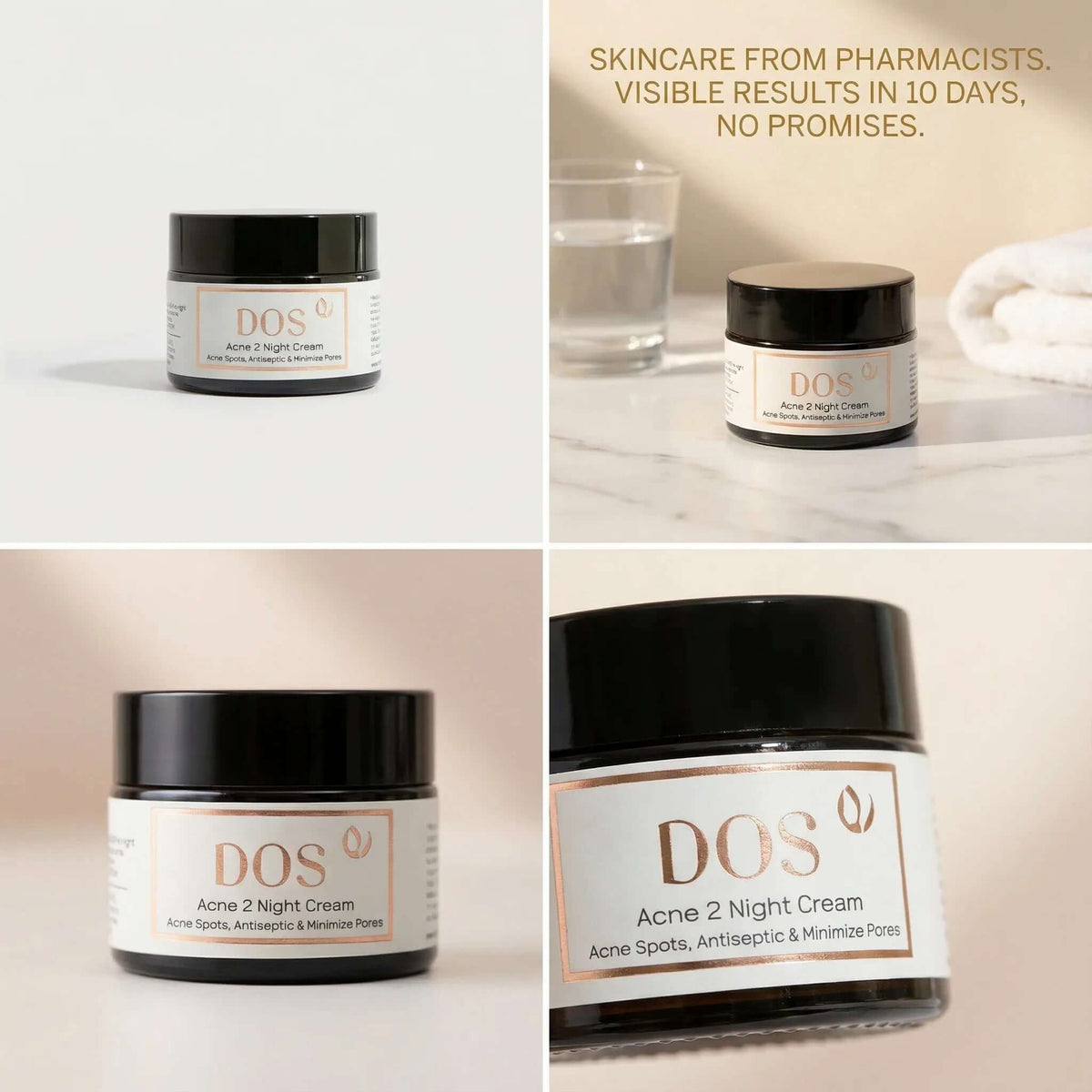 Acne night cream DOS Acne 2 Night Cream jar for targeted acne treatment and overnight healing. DOS Cosmetics