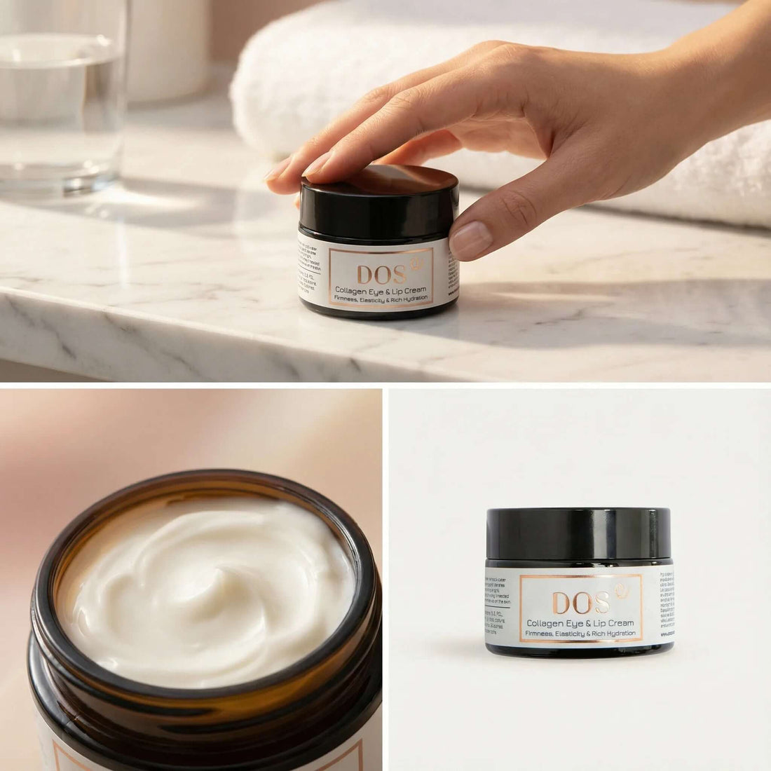 Collagen eye cream jar with hand on marble countertop; revitalizing care for eyes and lips. DOS Cosmetics