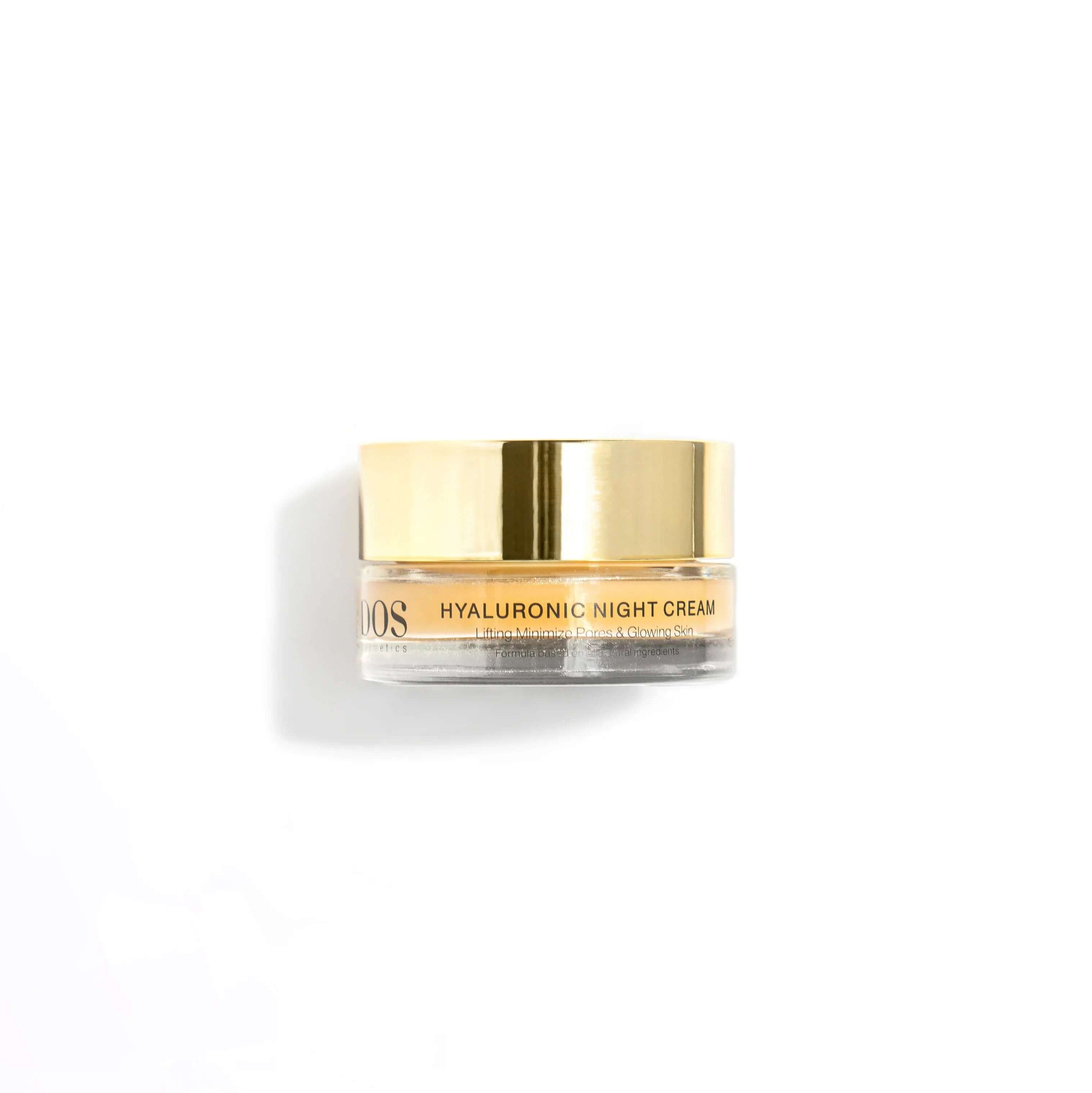 Hyaluronic night cream jar with gold lid for overnight hydration and skin renewal. DOS Cosmetics