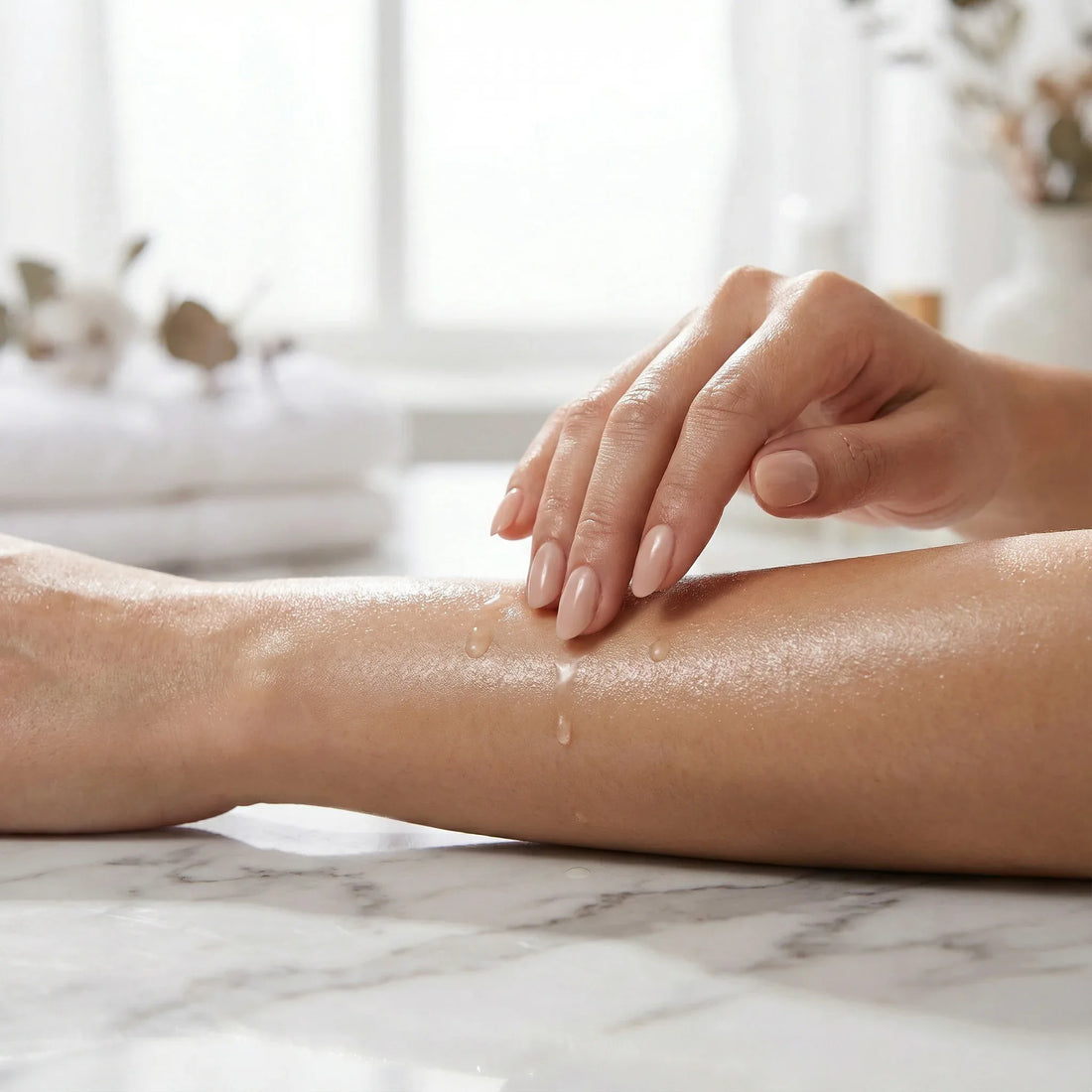 Woman applying Coconut oil to their leg on a marble surface - DOS Cosmetics
