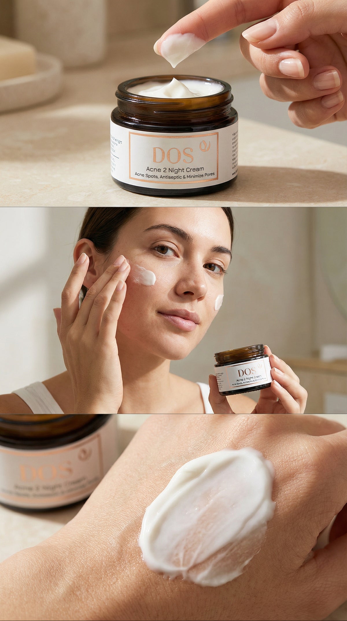 Cosmetic cream being applied to acne-prone skin with a focus on Acne-2 night cream and application process - DOS Luxury Cosmetics