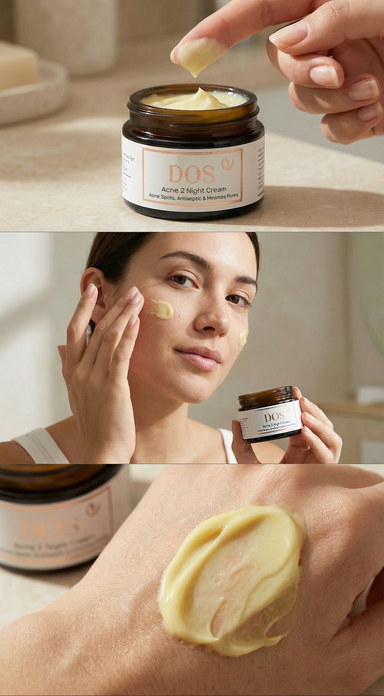 Acne-2 night  cream being applied to acne-prone skin with a focus on texture  and application process - DOS Luxury Cosmetics