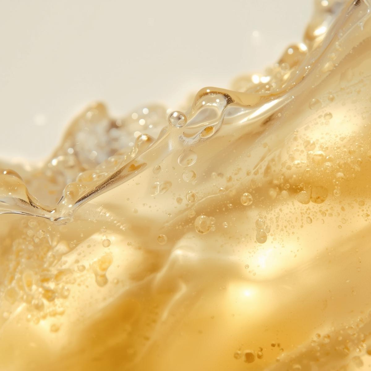 Close-up of golden liquid serum with bubbles on a light background Ascorbin DOS Cosmetics