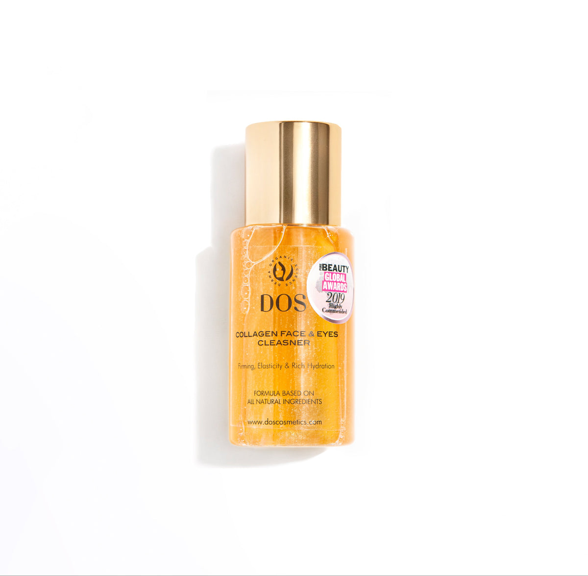 Orange bottle with gold cap on a white background dos cosmetics collagen cleanser