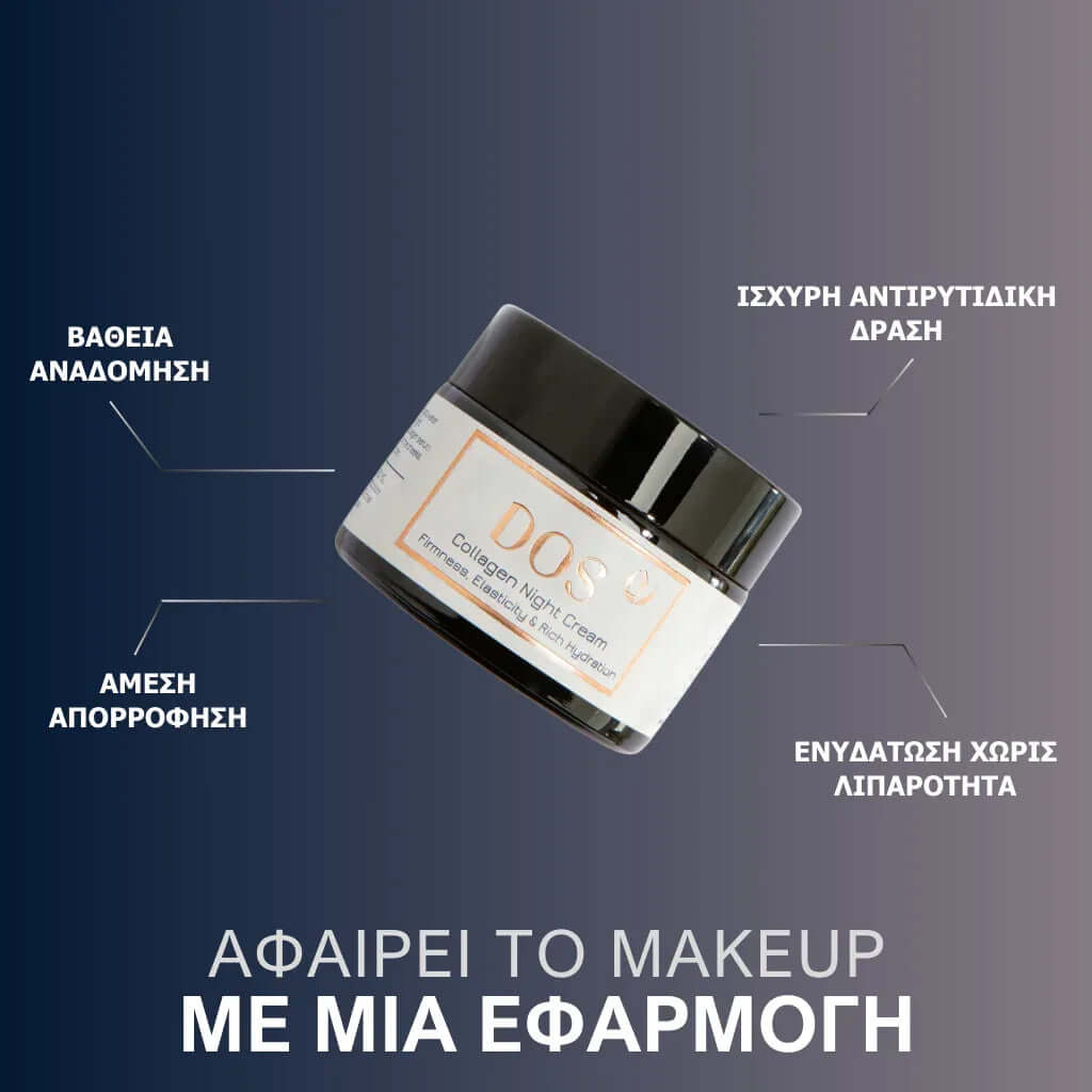 Collagen night cream in a jar showcasing its properties for firm and hydrated skin. DOS cosmetics