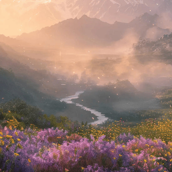 Olympus Mountain landscape with a river, flowers, and mist at sunrise from dos cosmetics fields