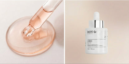 Hibio Day Serum of DOS Skincare serum bottles and dropper on a neutral texture