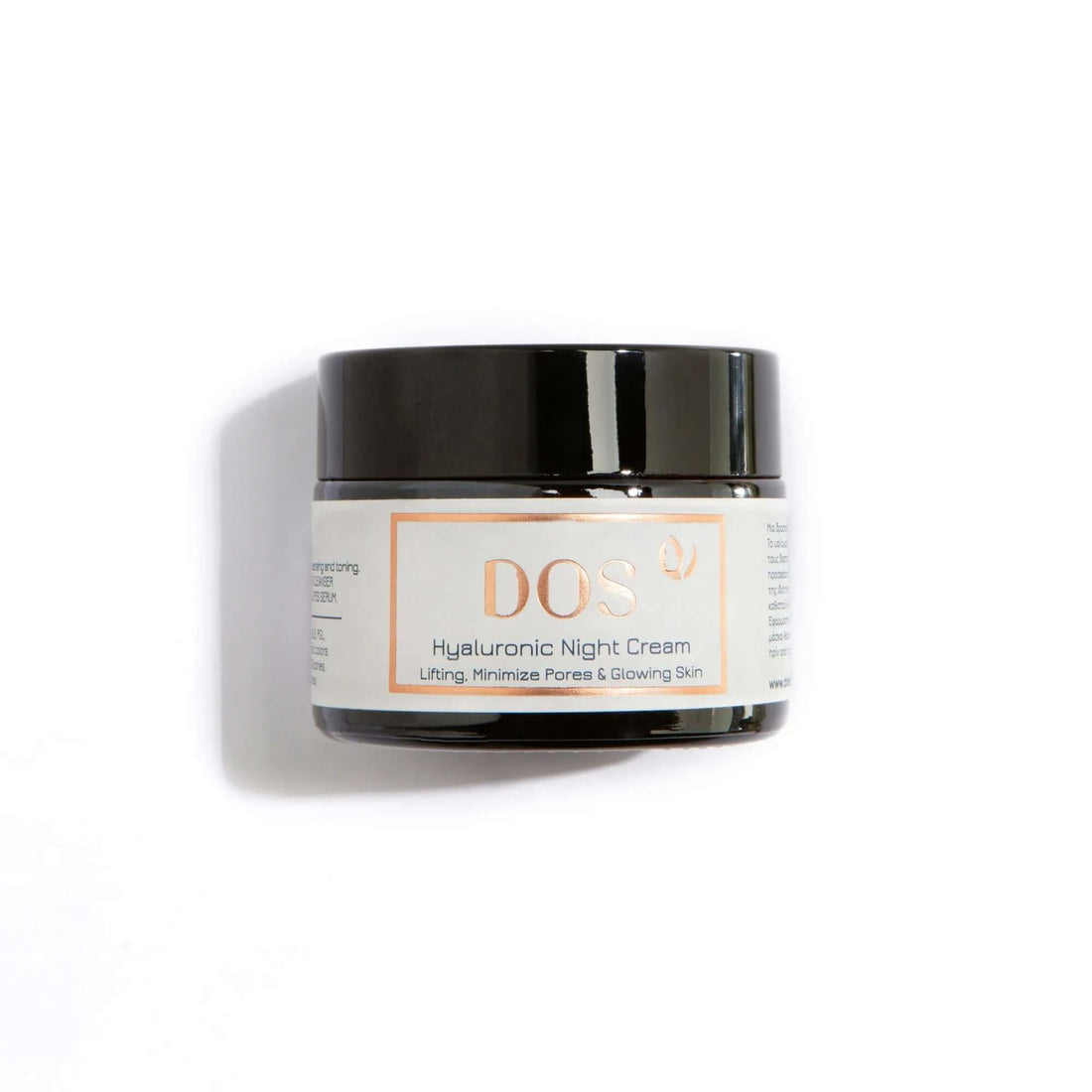 Hyaluronic night cream jar featuring lifting and glowing skin benefits, ideal for overnight hydration. DOS Cosmetics