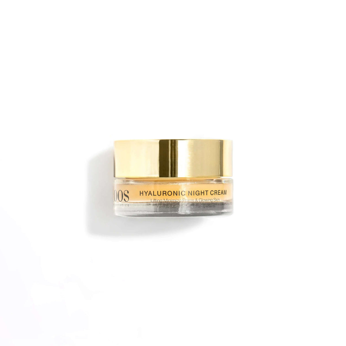 Hyaluronic night cream jar with gold lid for overnight hydration and skin renewal.  DOS Cosmetics