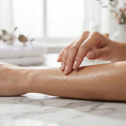 Woman applying Coconut oil to their leg on a marble surface - DOS Cosmetics