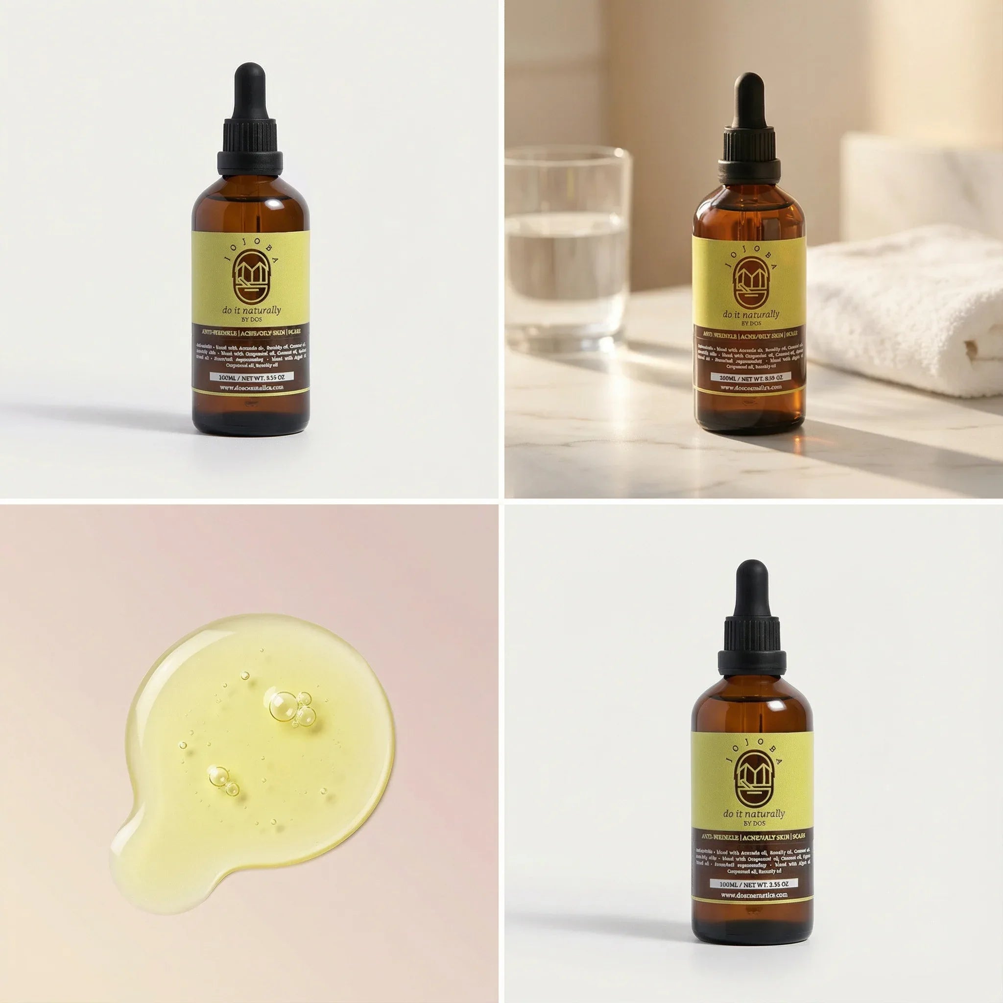 Cold-pressed jojoba oil - sebum-rebalacing oil for face - mixed woth other products - DOS Cosmetics