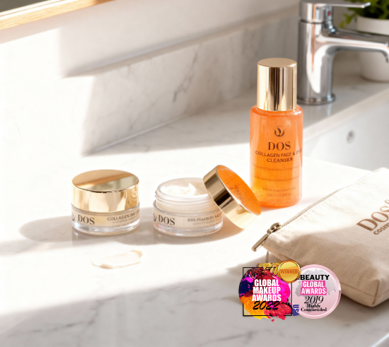 Cosmetic products on a bathroom counter with awards displayed dos cosmetics