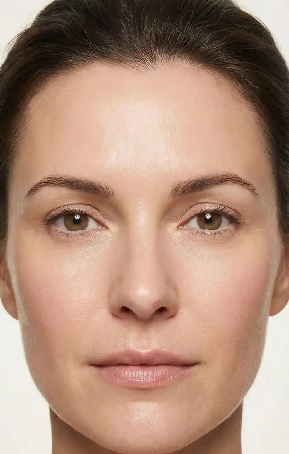 Before and after comparison of a woman's face on a plain background dos cosmetics