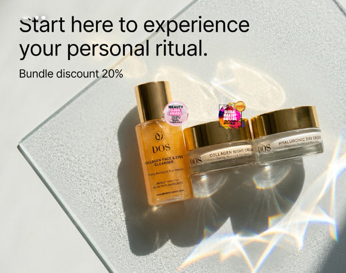 Cosmetic products on a reflective surface with promotional text. DOS cosmetics