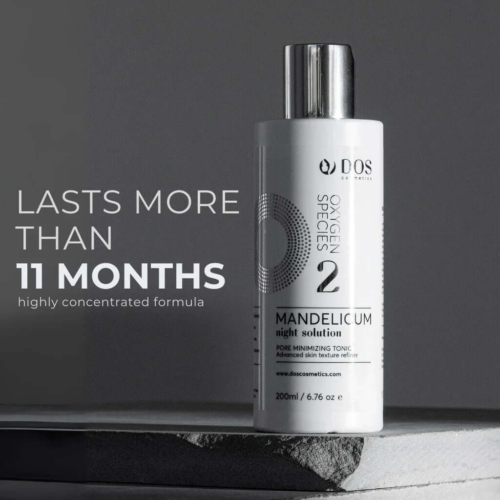 Mandelic Acid Solution bottle featuring the award-winning Mandelicum Night solution for gentle exfoliation and hydration. DOS Cosmetics