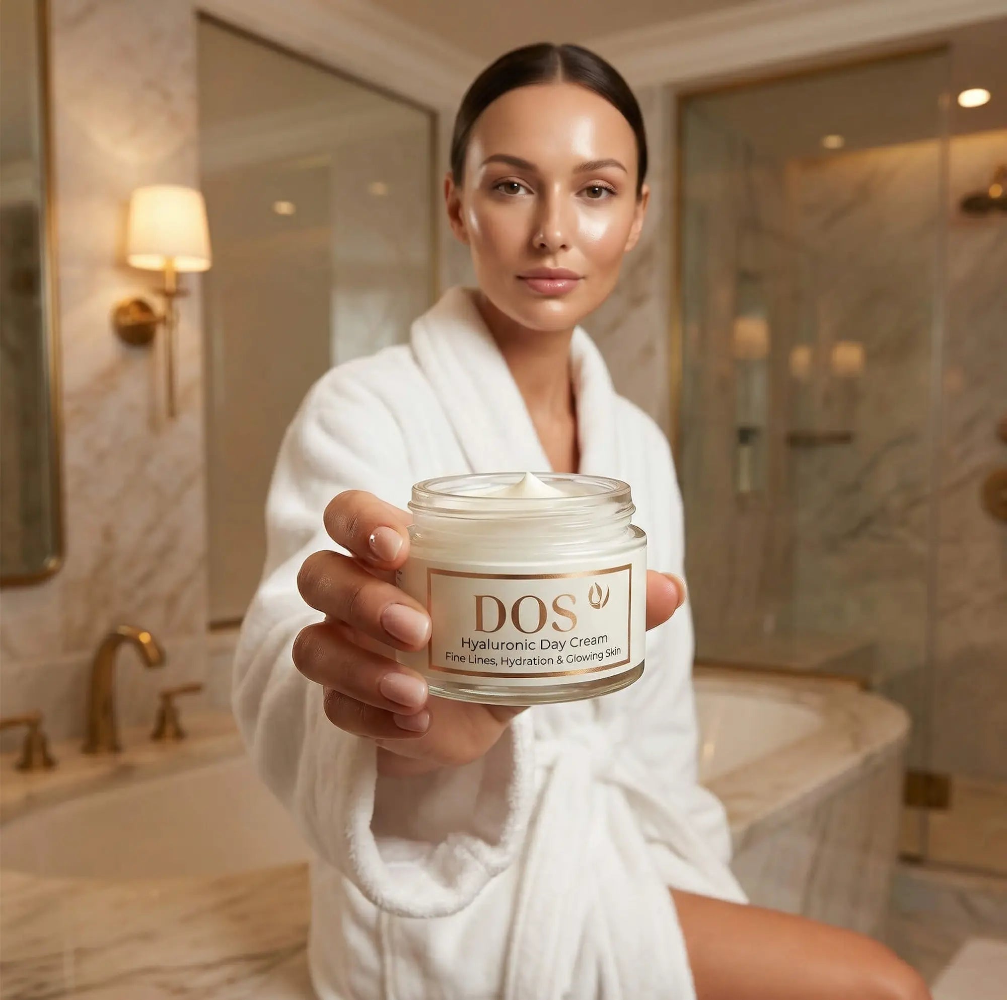 Woman in a bathrobe holding hyaluronic day cream of DOS skincare product in a bathroom.