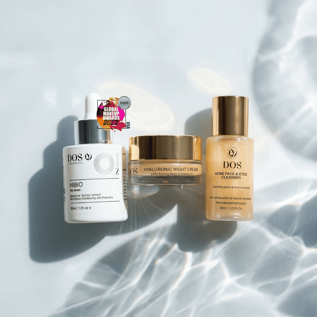 Cosmetic products with DOS branding on a light background