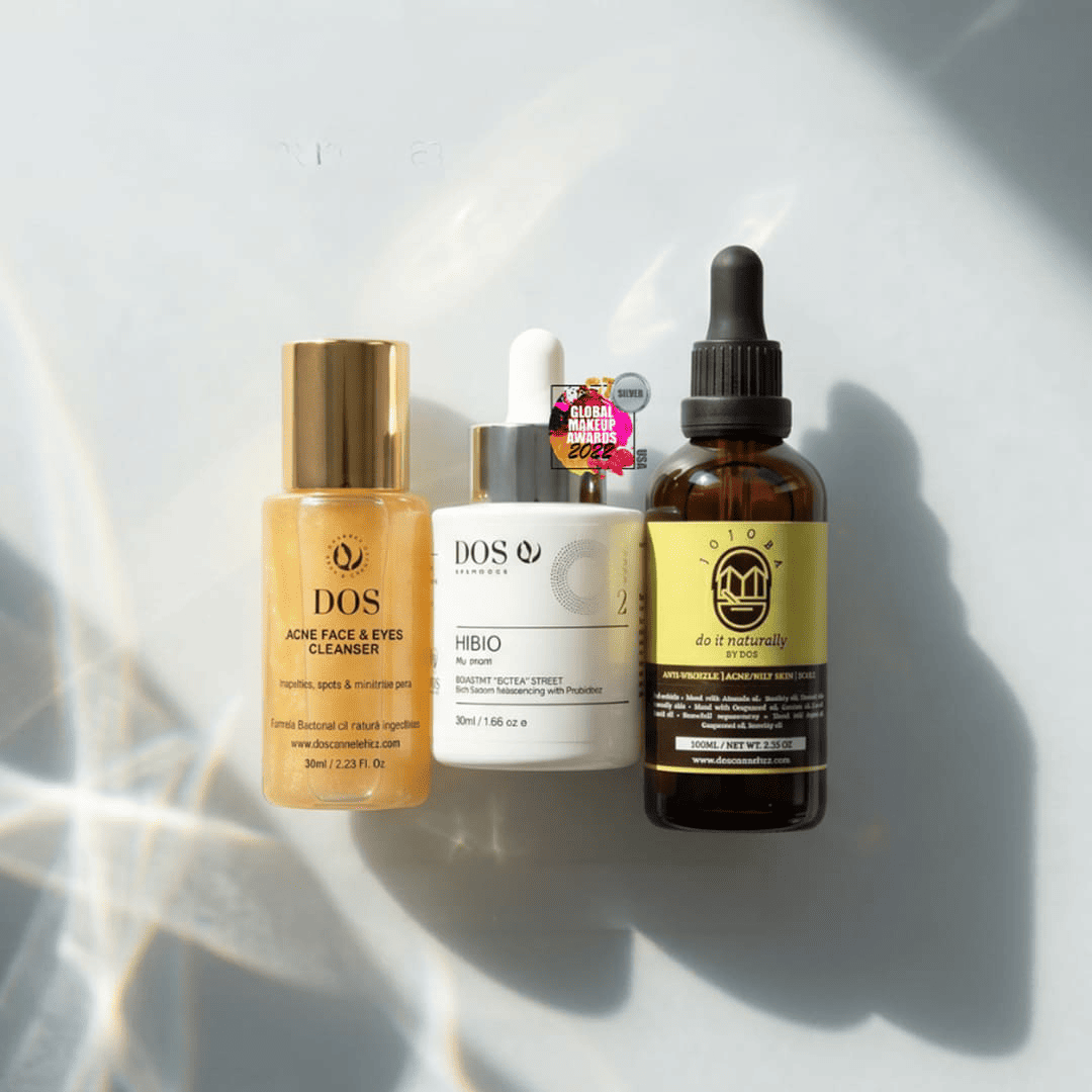 Three skincare products with a promotional message for a bundle discount on a light background