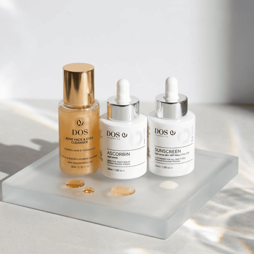 Three skincare bottles on a white platform with promotional text about a bundle discount.